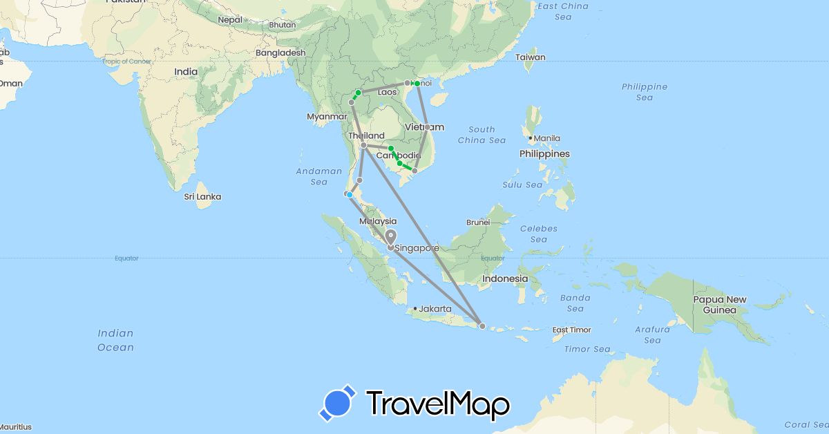 TravelMap itinerary: bus, plane, boat in Indonesia, Cambodia, Singapore, Thailand, Vietnam (Asia)